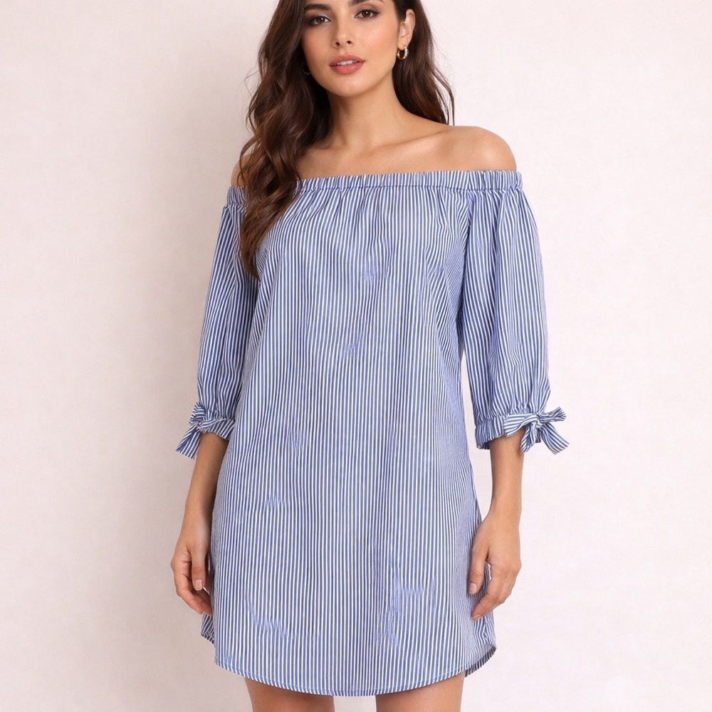 Navy & White Striped Off-Shoulder Swing Dress M - NWT
